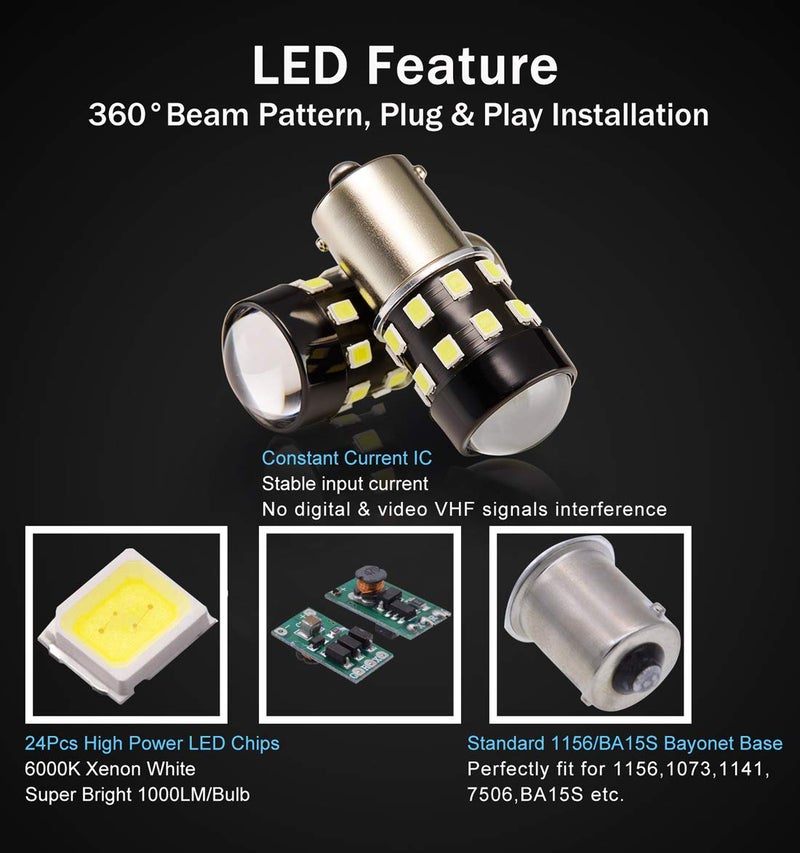 BRISHINE 4-Pack 1000 Lumens Super Bright 1156 1073 1141 7506 BA15S LED Bulbs 6000K Xenon White 24-SMD LED Chipsets with Projector for Backup Reverse Lights, Parking Lights, Daytime Running Lights - Image 3